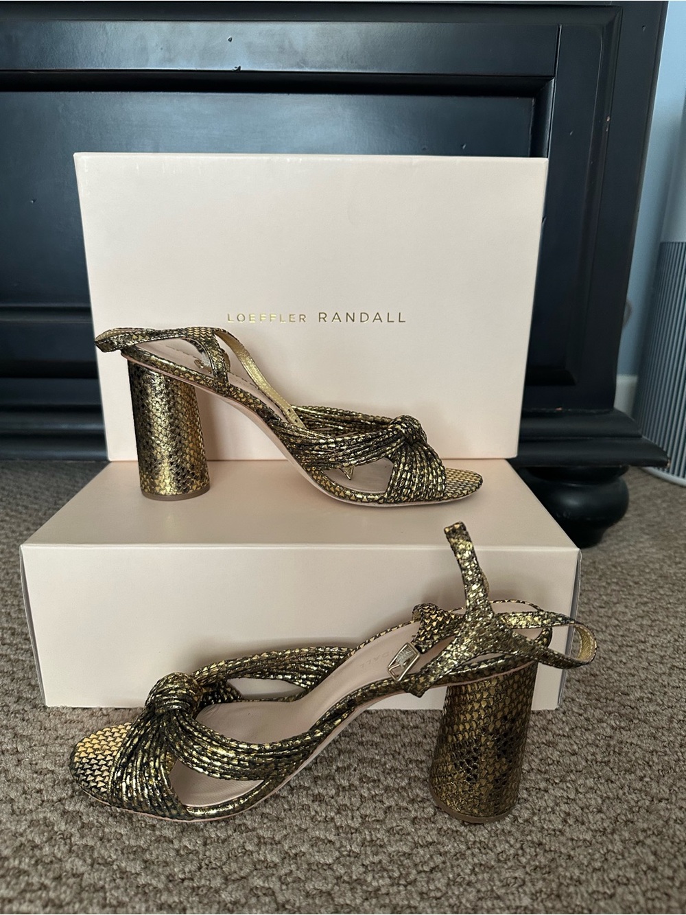 Loeffler Randall Metallic Gold Knotted Block Heel Sandals